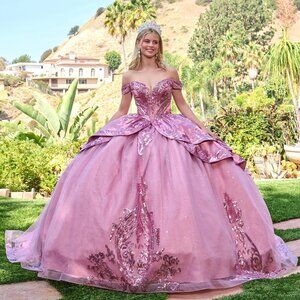 New Dusty Rose Off The Shoulder Maxi Satin Quinceanera Gown w/ Sequins GL3794
